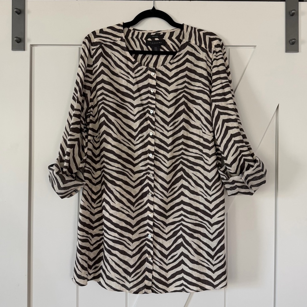 Tahari Linen Zebra Print Pattern Blouse Tunic
